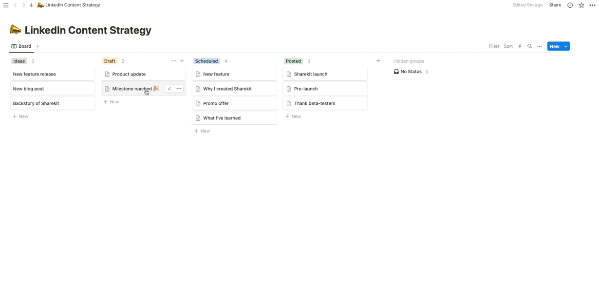 Schedule your LinkedIn posts in Notion with ShareKit by changing status or moving the card